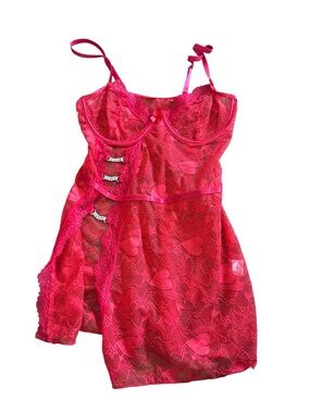 Bright red Lace Chemise with Rhinestone Accents